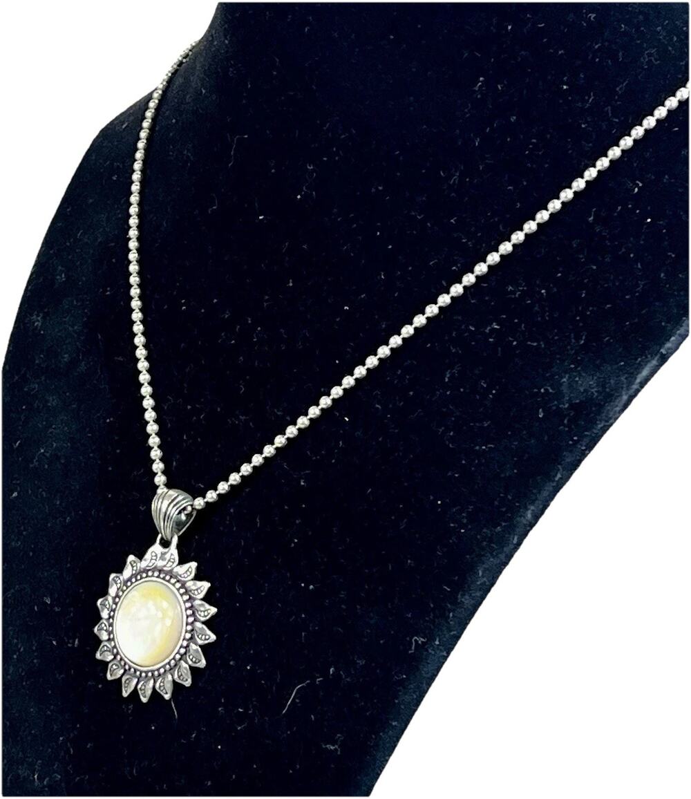 Carolyn Pollack Pendant Sunflower Necklace Yellow Mother Of Pearl VTG 925 Relios